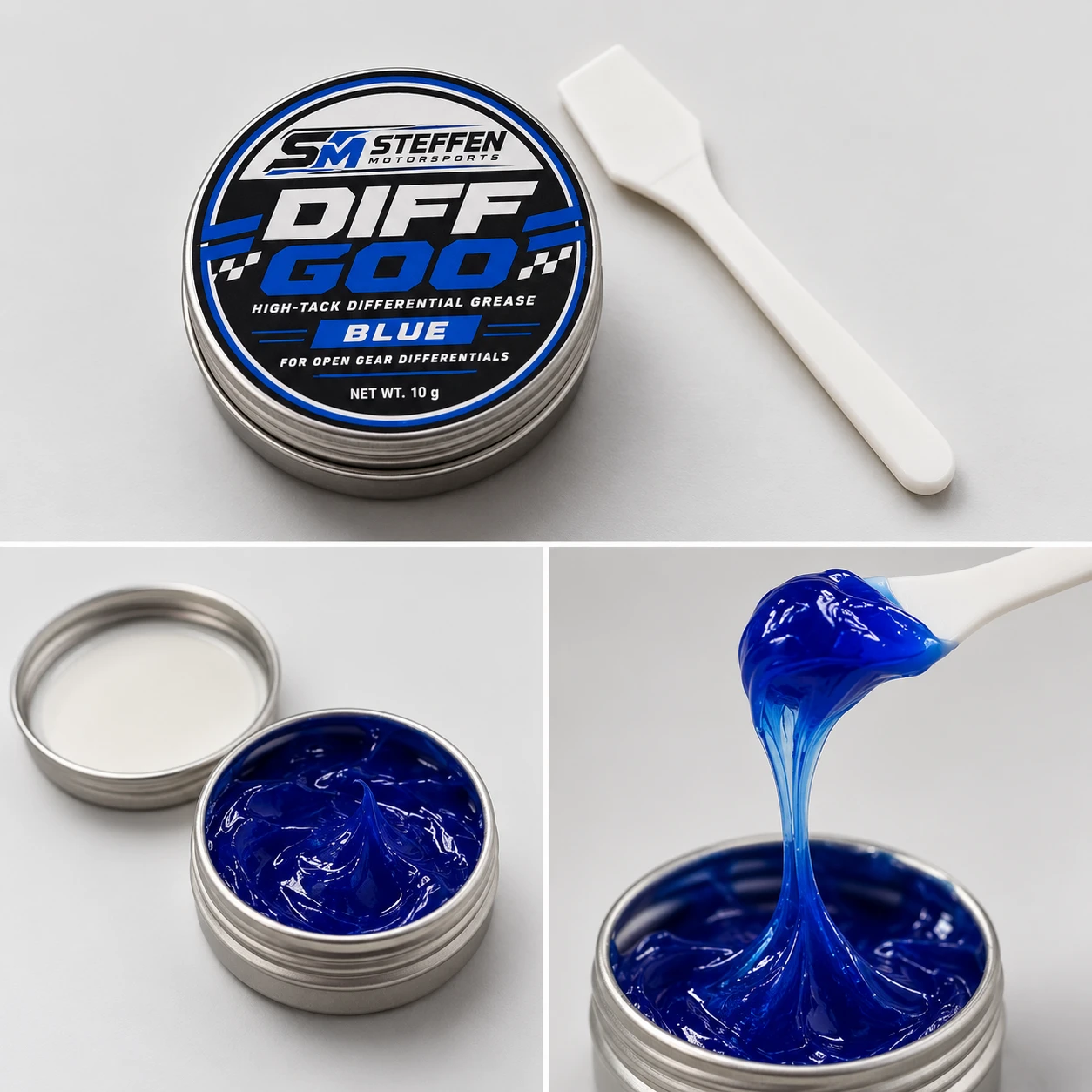 Diff Goo Blue: labeled 10 g metal tin with applicator, open tin of blue grease, and blue grease stretching from the applicator.