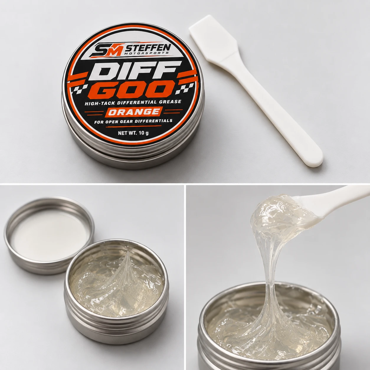 Diff Goo Orange: orange-labeled 10 g metal tin with applicator, open tin of clear translucent grease, and clear grease stretching from the applicator.